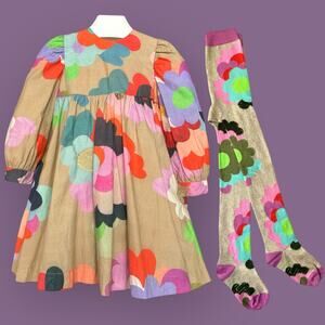 Oilily Davina Gold Flower Dress and Tights, Size 104 (4 years), Beige Multi